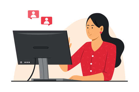 Freelance Woman is Online Working with Computer.のイラスト素材