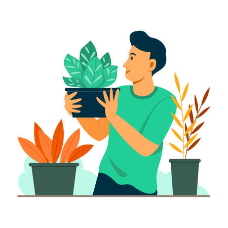 Man Enjoy Gardening with the Plants in Garden.のイラスト素材