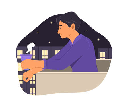 Man Stand Outdoor at Terrace on the Night Time.のイラスト素材