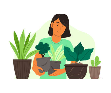 Woman Enjoy Gardening with Plants in Garden.のイラスト素材