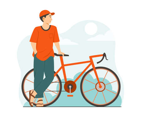 Man Enjoy Living in Outdoor with a Bicycle.のイラスト素材