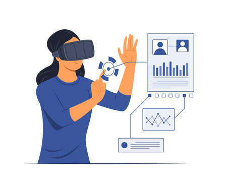 Woman Wear the Virtual Reality Glasses to Watch the Infographic Simulation.のイラスト素材