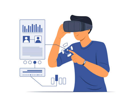 Man Wear the Virtual Reality Glasses to Watch the Infographic Simulation.のイラスト素材