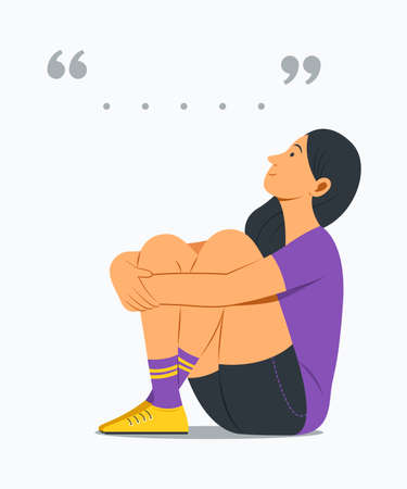 Woman Sitting and Looking at Copy Space of Quotation Marks.のイラスト素材