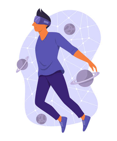 Man Wearing the Virtual Reality Glasses and Enjoy the Cosmos Simulation.のイラスト素材