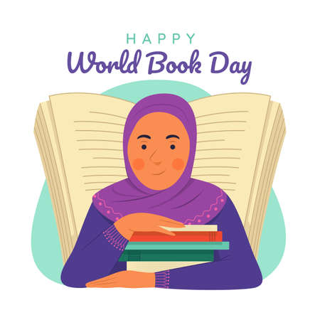 Muslim Girl with the Books for World Book Day Illustration.のイラスト素材