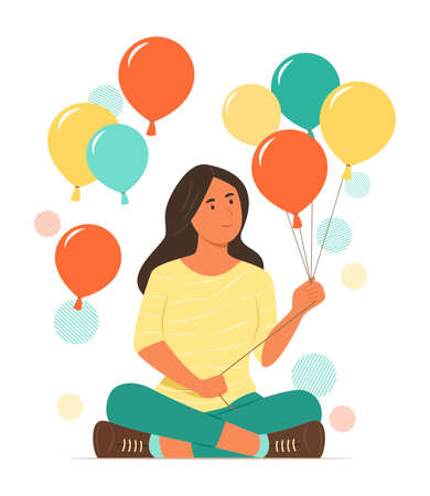 Young Woman Sitting and Holding Colorful Balloons Festive Concept Illustrationのイラスト素材