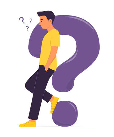 Man Leaning Against a Big Question Mark and Thinking Question Concept Illustrationのイラスト素材