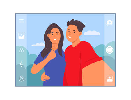 Couple of Man and Woman Taking Selfie Photo Concept Illustrationのイラスト素材