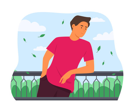 Man Standing at Balcony and Enjoy Outdoor Living Lifestyleのイラスト素材