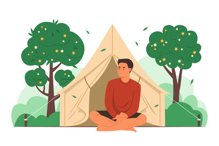 Man Camping in Park and Enjoy Outdoor Living Lifestyleのイラスト素材