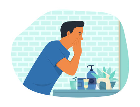 Man Cleansing and Caring for Facial Skin Concept Illustrationのイラスト素材