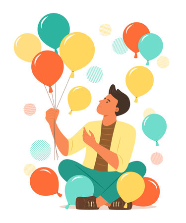 Young Man Sitting and Holding Colorful Balloons Festive Concept Illustrationのイラスト素材