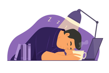 Freelancer Man Sleeping while Working at Home on Night Timeのイラスト素材