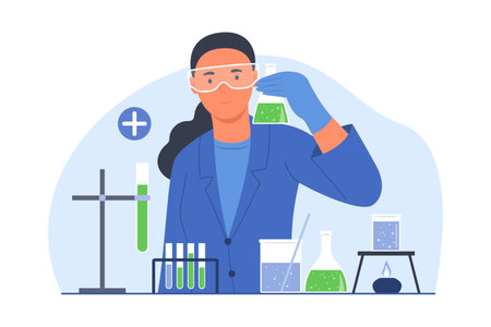 Female scientist wearing protective glasses for testing some chemical with flask tubes in chemical laboratoryのイラスト素材