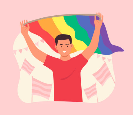 Happy Gay Man Holding Rainbow Flag for LGBT Gay Pride Celebration Concept Illustrationのイラスト素材