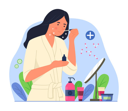 Young Woman in Bathrobe Applying Moisturizing Serum on Face for Beauty Skin Treatment Concept Illustrationのイラスト素材