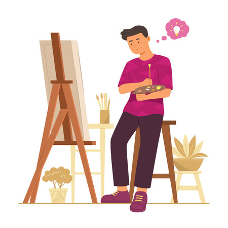 Painter Man Thinking Creative Idea and Painting on Canvas Concept Illustrationのイラスト素材
