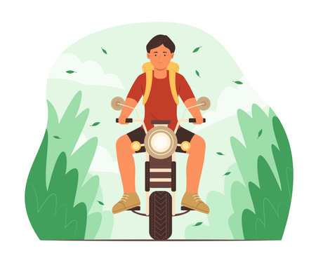 Man with Backpack Riding a Motorcycle in Park for Travelのイラスト素材