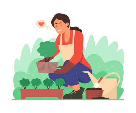 Woman Planting a Tree in Garden Concept Illustrationのイラスト素材
