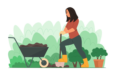 Gardener Woman Digging Soil in Garden with Shovel and Wheelbarrow for Planting Plantsのイラスト素材