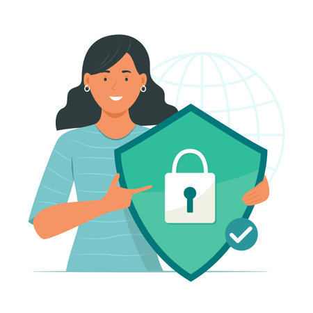Woman Holding Encryption Cyber Shield with Padlock Symbol for Cyber Security Concept Illustrationのイラスト素材