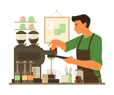 Barista Man Making Coffee at Bar Counter in Coffee Shopのイラスト素材