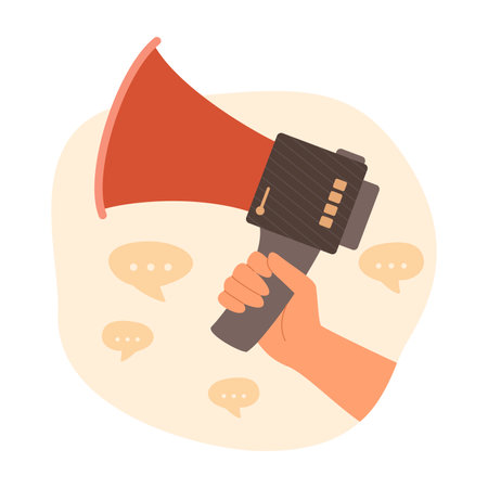 Human Hand Holding a Megaphone ans Speech Bubbles for Communication Concept Illustrationのイラスト素材