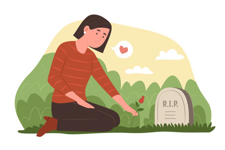 Mourning Woman Holding Flower and Sitting in Front of a Grave in a Cemeteryのイラスト素材