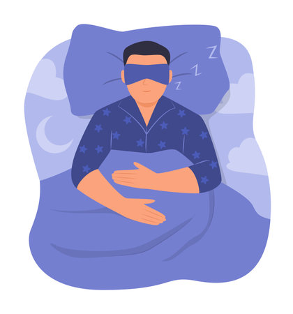 Man in Pajamas Wearing Sleep Mask and Sleep in Bed at Night Concept Illustrationのイラスト素材
