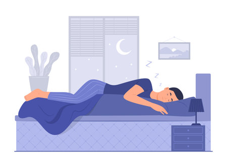 Man Hugging a Pillow and Sleeping in Bed at Nightのイラスト素材