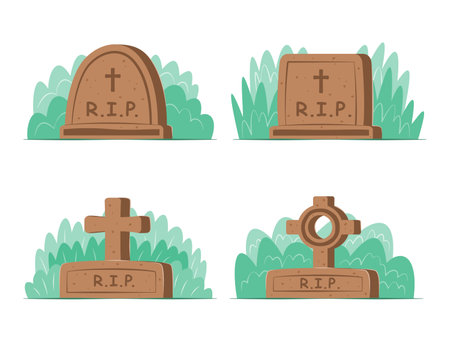 Set of Hand Drawn Gravestone in Flat Design Styleのイラスト素材