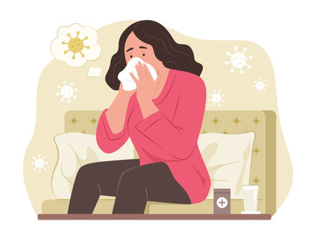 Sick Woman Sitting on Sofa and Blowing Her Nose Into Handkerchief for Fever Concept Illustrationのイラスト素材