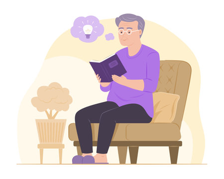 Elderly Man Sitting on Armchair and Reading a Book in Living Roomのイラスト素材