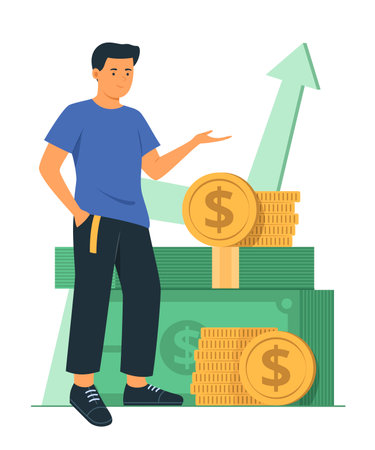 Young Man Standing Near Stack of Money Growth for Saving Money Concept Illustrationのイラスト素材