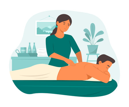 Man Relaxing with Body Massage Treatment in Spa Salonのイラスト素材