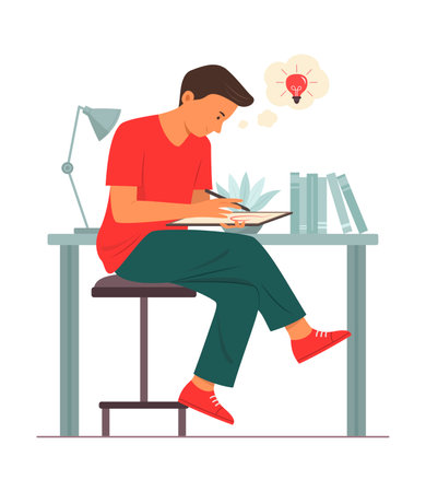 Young Man Sitting at the Desk and Working with a Tabletのイラスト素材