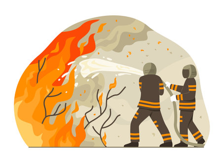 Firefighters Extinguish a Fire in the Forest by Spraying Waterのイラスト素材