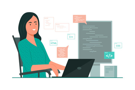 Programmer Woman Process Coding by Laptop Computer for Software Development Concept Illustrationのイラスト素材