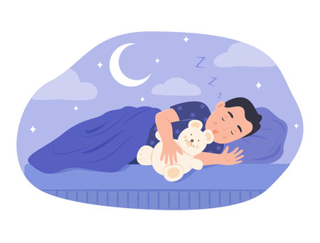 Sleeping boy with teddy bear. Flat vector illustration.のイラスト素材