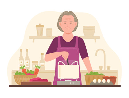 Elderly woman cooking in the kitchen. Vector illustration in flat styleのイラスト素材