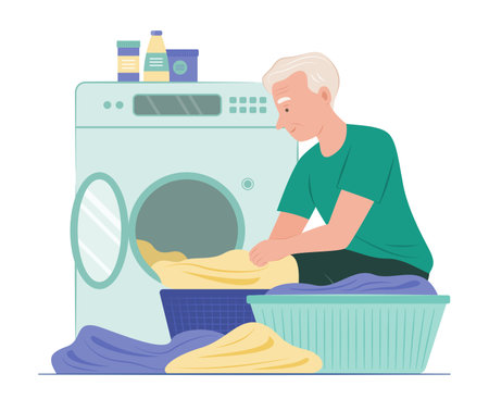 Senior Man Washing Clothes with Washing Machineのイラスト素材