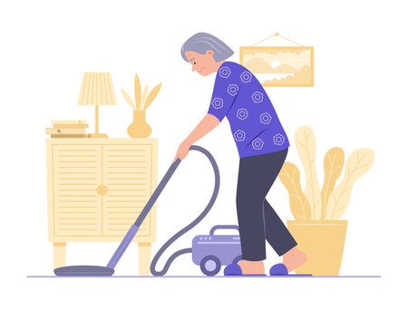 Elderly Woman Cleaning House with Electric Vacuum Cleanerのイラスト素材