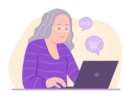 Elderly Woman Doing Online Shopping on Laptop for E-Commerce Concept Illustrationのイラスト素材