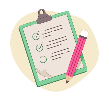 Checklist Paper on Clipboard with Pencil in Flat Design for Checklist Concept Illustration Clip Artのイラスト素材