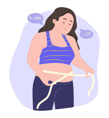 Chubby Woman Measuring Her Waist with a Measuring Tape for Healthcare Concept Illustrationのイラスト素材
