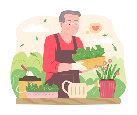 Elderly Man Planting Flower Plant into Flower Pot in Gardenのイラスト素材