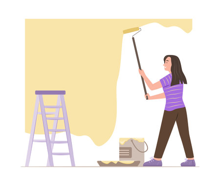 Handy Woman Paint the Wall with Paint Roller for Renovation Concept Illustrationのイラスト素材