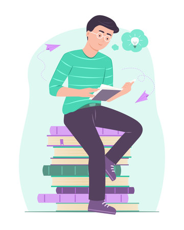 Young Man Sitting on Stack of Books and Thinking Creative Idea while Reading a Book for Education Concept Illustrationのイラスト素材