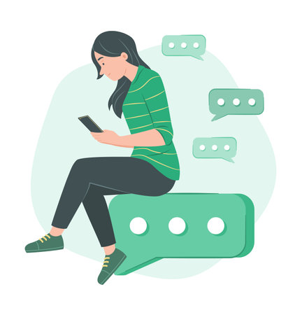 Young Woman Sitting on Big Chat Bubble Icon and Chat on Mobile Phone for Telecommunication Concept Illustrationのイラスト素材